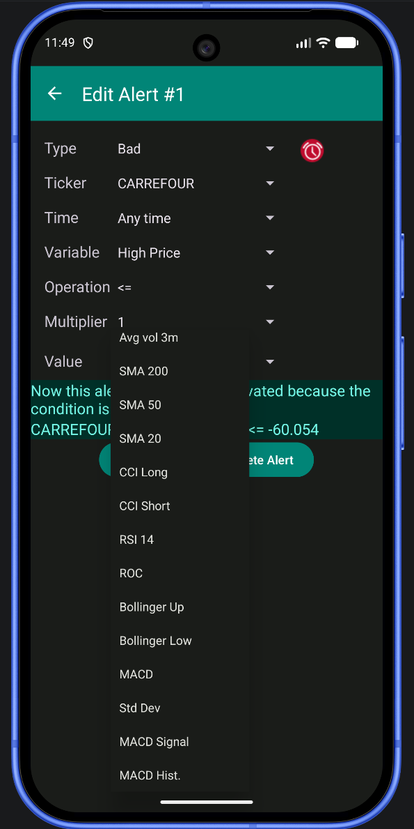 Sheep Trade complete alert editor showing ticker, time, variable, operation, multiplier and value fields with technical indicators